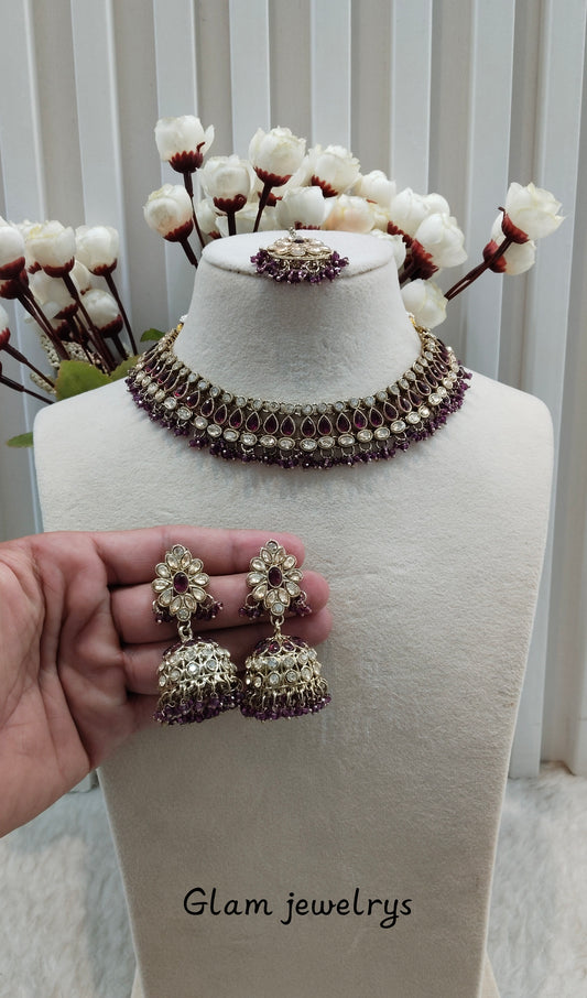 Purple Antique Gold Necklace Indian Jewellery Gora Set