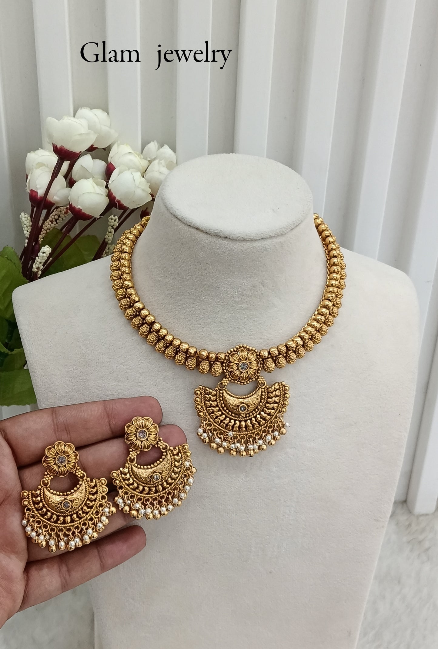 White Gold Polki Necklace Indian Jewellery Harf Set