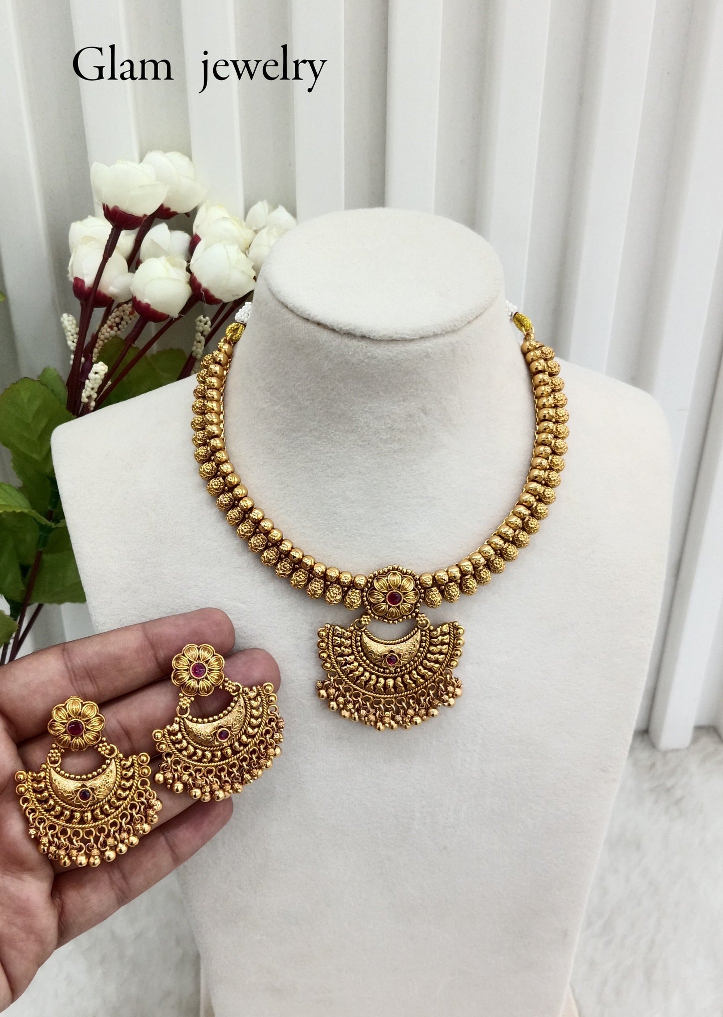 Ruby Gold Polki Necklace Indian Jewellery Harf Set