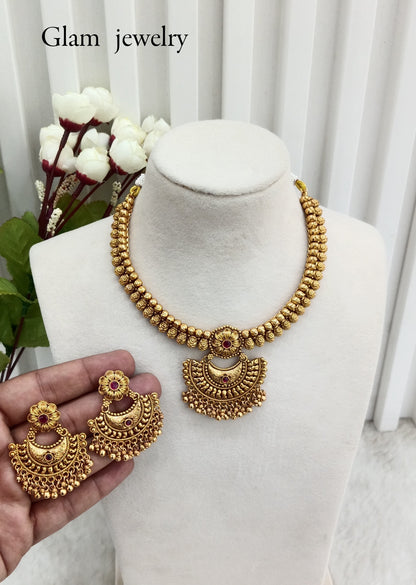 Ruby Gold Polki Necklace Indian Jewellery Harf Set