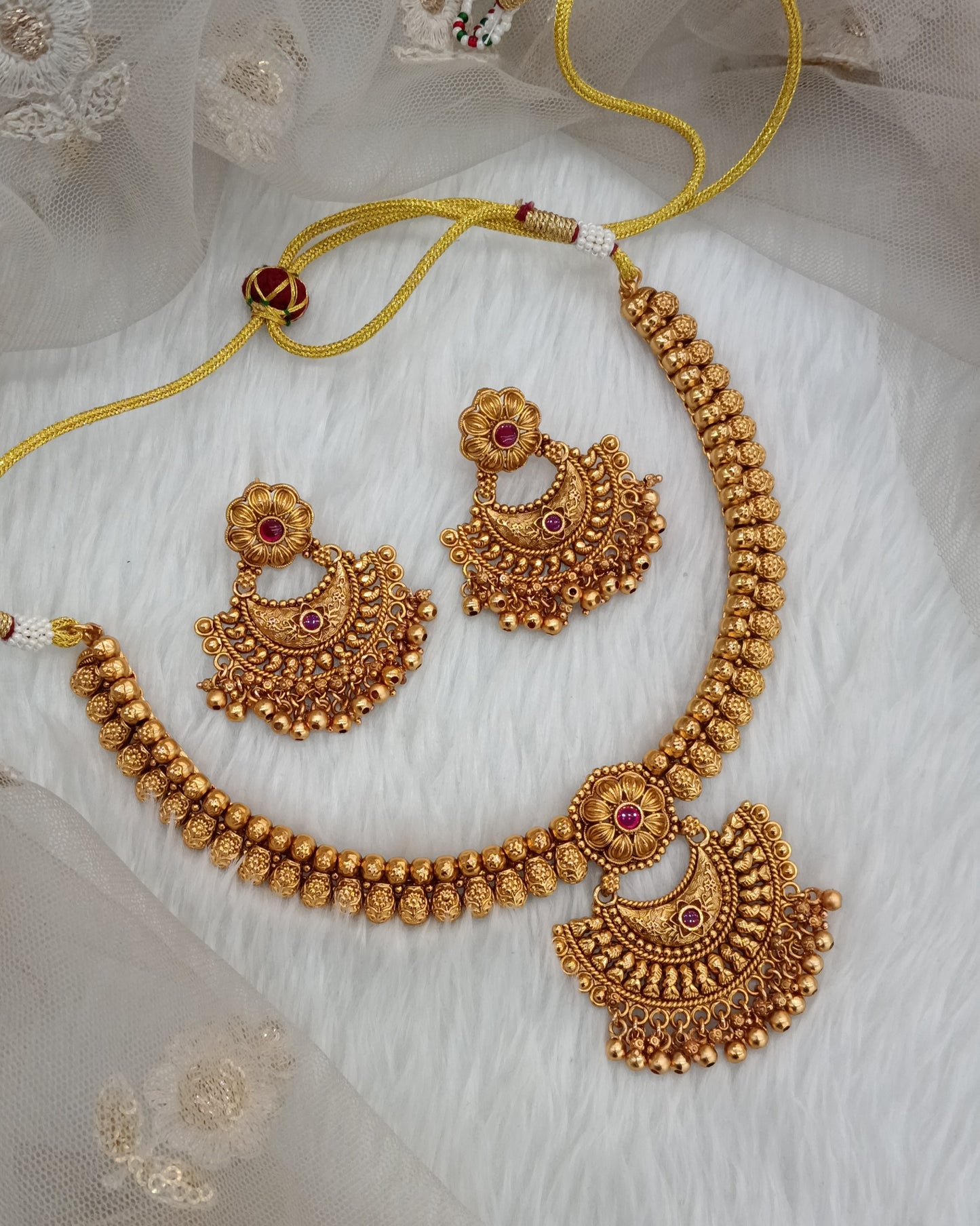 Ruby Gold Polki Necklace Indian Jewellery Harf Set