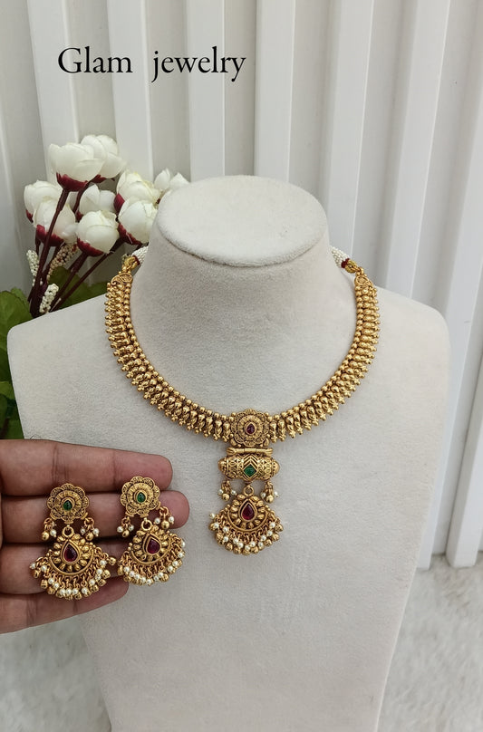 Ruby Green Gold Polki Necklace Indian Jewellery Harf Set