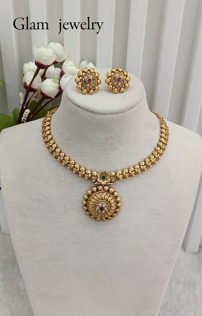 Ruby Green Gold Polki Necklace Indian Jewellery Harf Set