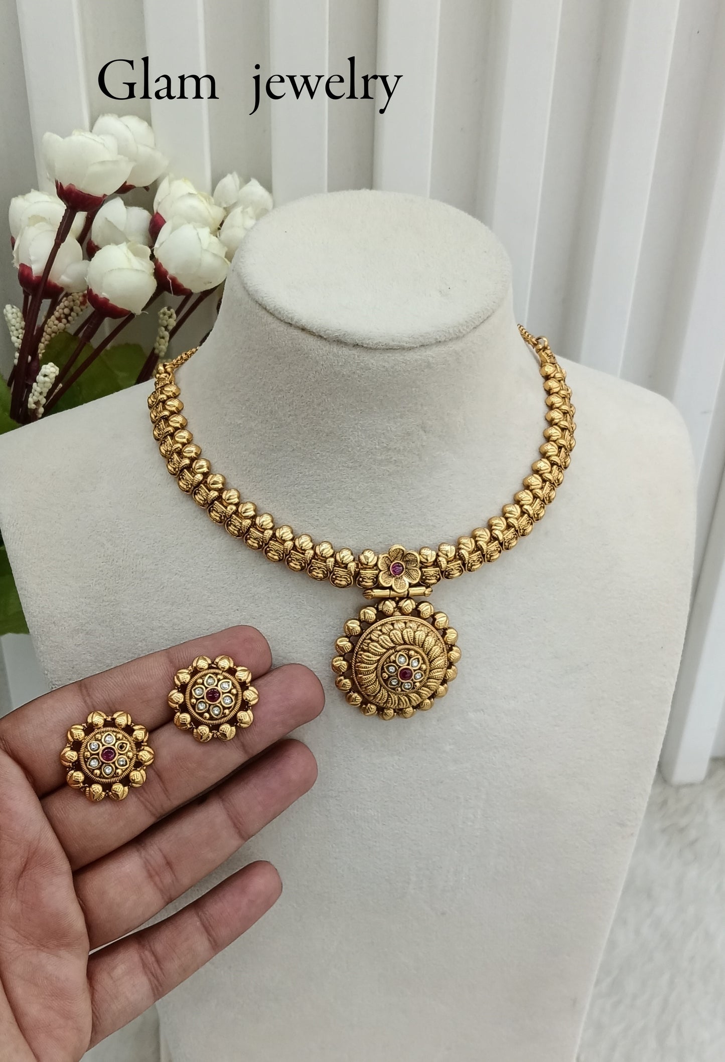 Ruby Gold Polki Necklace Indian Jewellery Harf Set