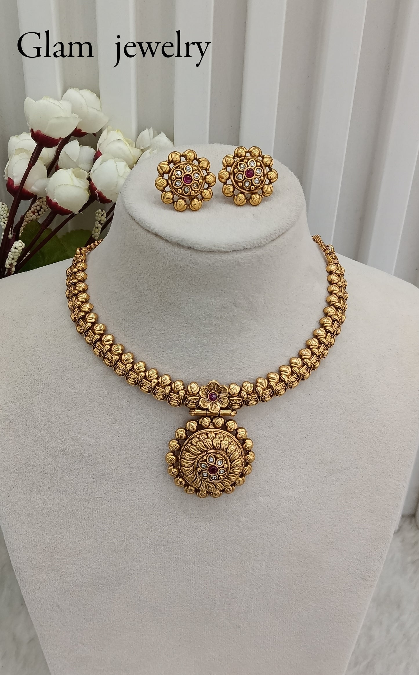 Ruby Gold Polki Necklace Indian Jewellery Harf Set