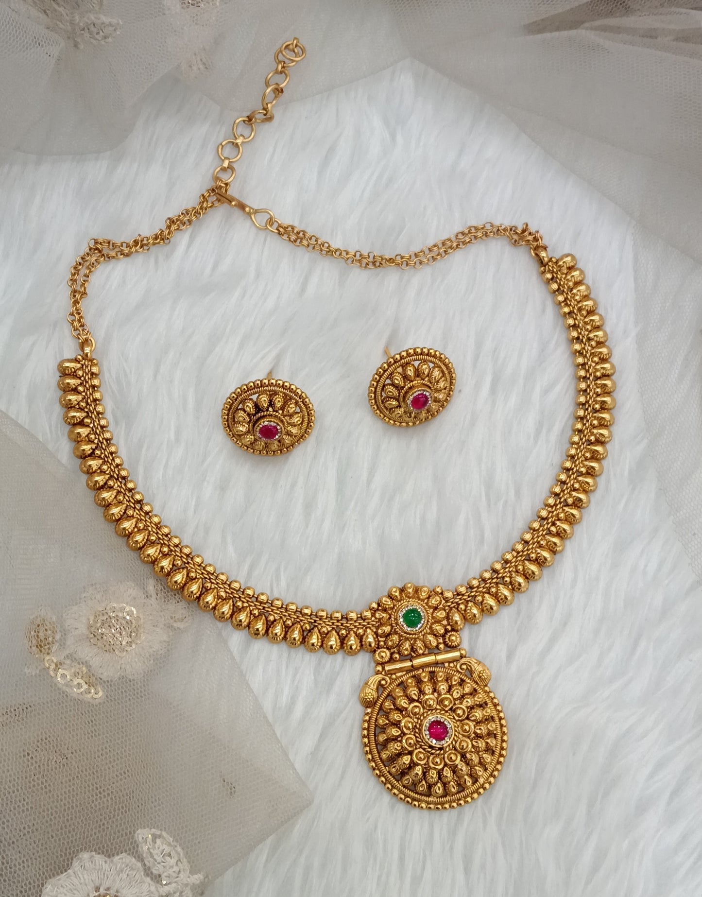 Ruby Green Gold Polki Necklace Indian Jewellery Harf Set