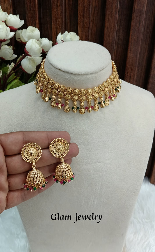 Ruby Green Gold Polki Jhumki Choker Indian Jewellery Agam Set