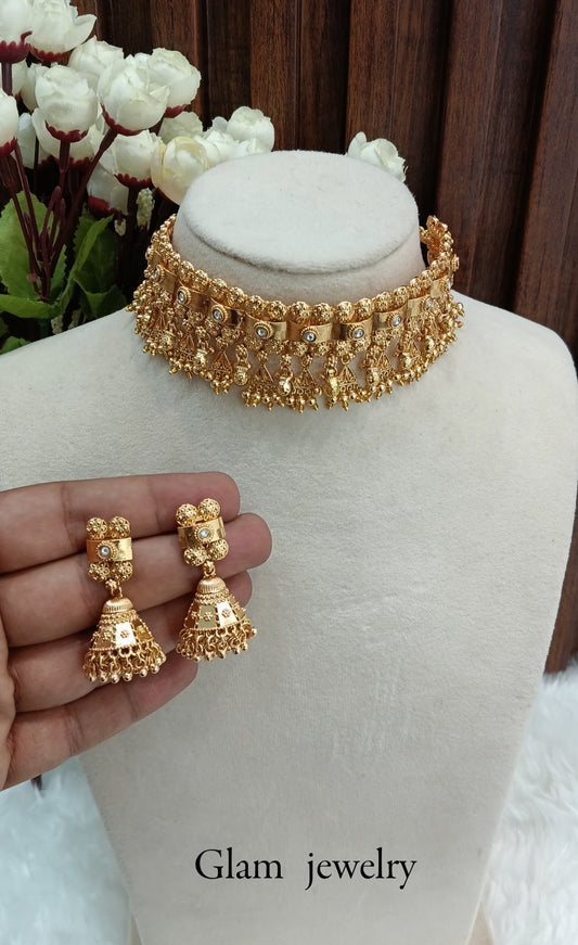 Gold Polki Jhumki Choker Indian Jewellery Agam Set