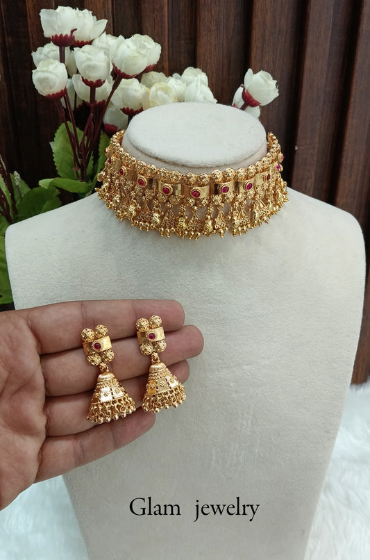 Ruby Polki Jhumki Choker Indian Jewellery Agam Set