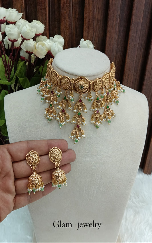 Ruby Green Gold Polki Jhumki Choker Indian Jewellery Agam Set