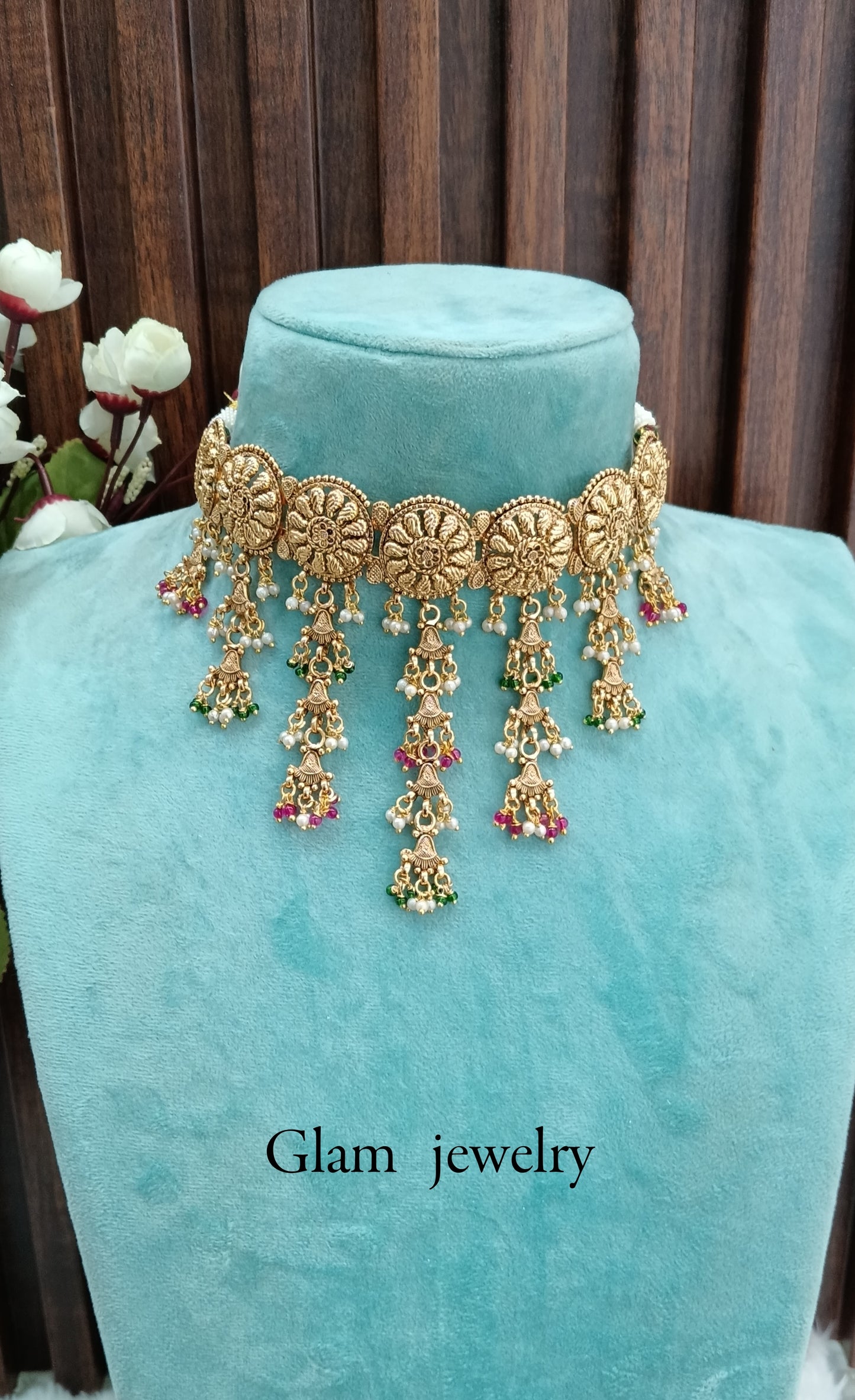 Ruby Green Gold Polki Jhumki Choker Indian Jewellery Agam Set
