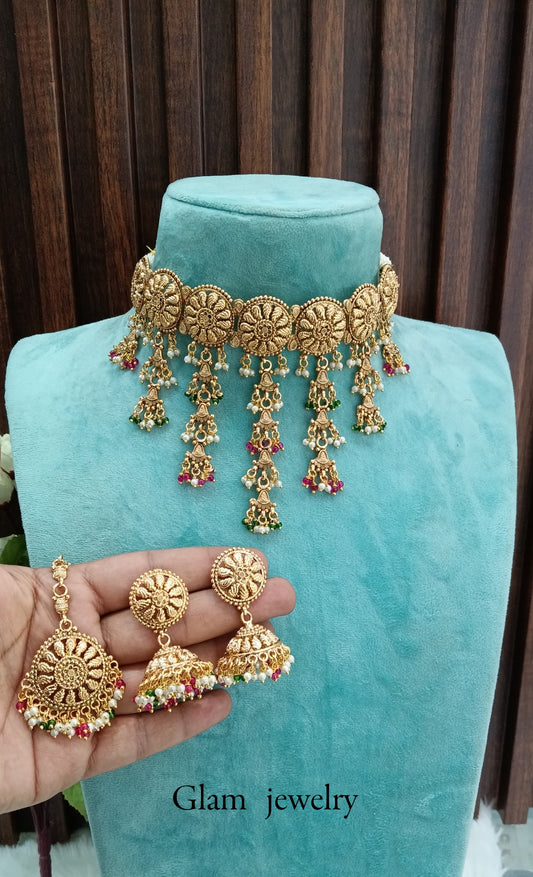 Ruby Green Gold Polki Jhumki Choker Indian Jewellery Agam Set