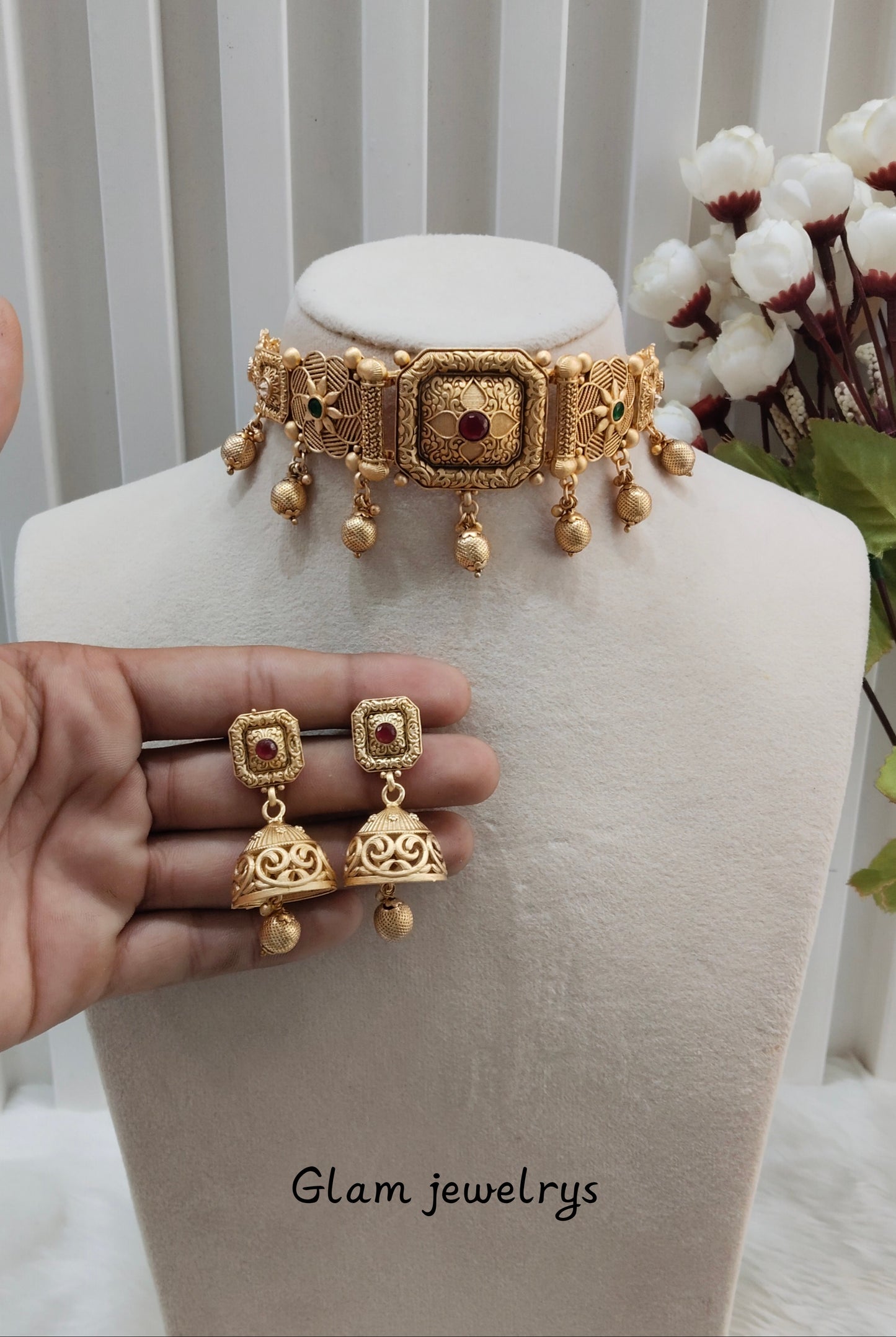Ruby Green Gold Polki Jhumki Choker Indian Jewellery Bobo Set