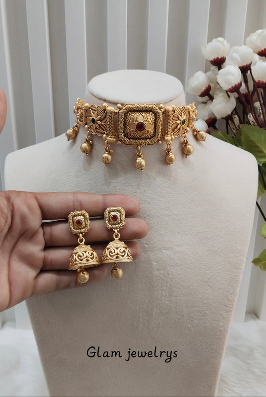 Ruby Green Gold Polki Jhumki Choker Indian Jewellery Bobo Set