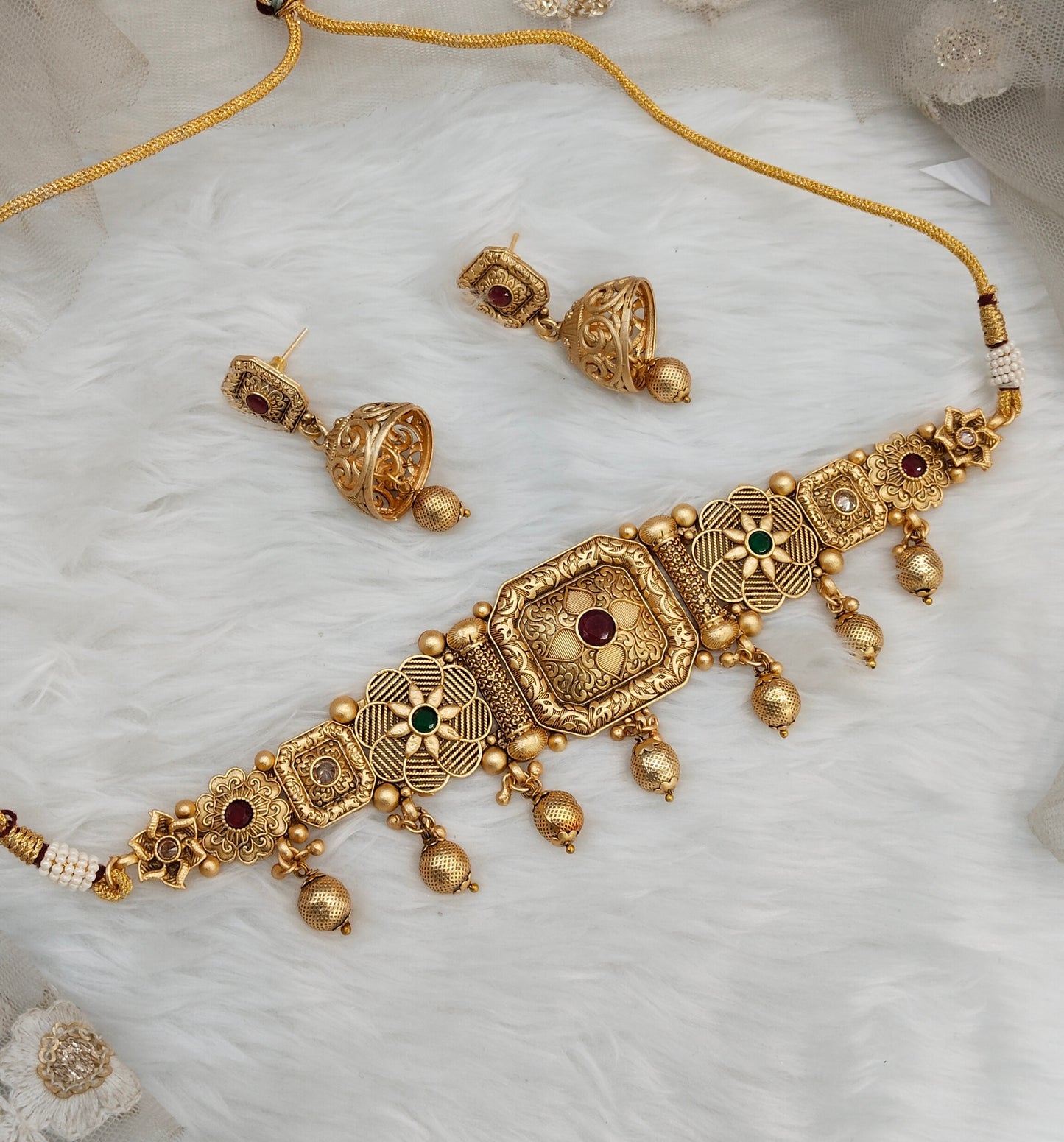 Ruby Green Gold Polki Jhumki Choker Indian Jewellery Bobo Set