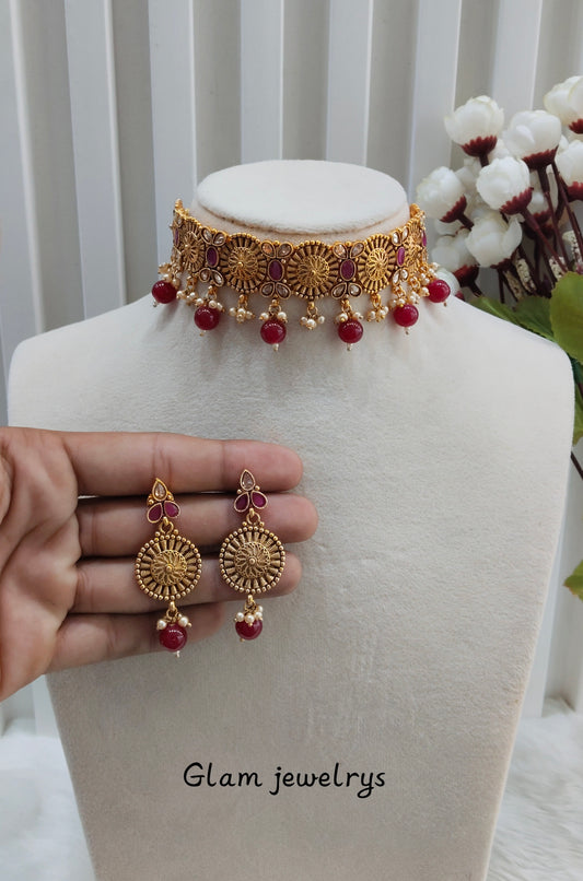 Ruby Gold Polki Choker Indian Jewellery Bobo Set