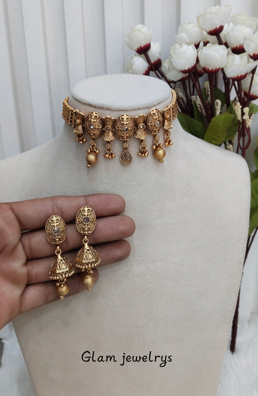Gold Polki Choker Jhumki Indian Jewellery Bobo Set