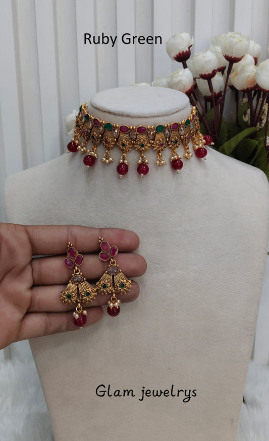 Ruby Green Gold Polki Choker Indian Jewellery Bobo Set