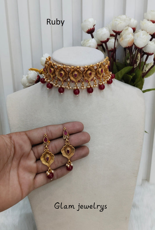 Ruby Gold Polki Choker Indian Jewellery Bobo Set