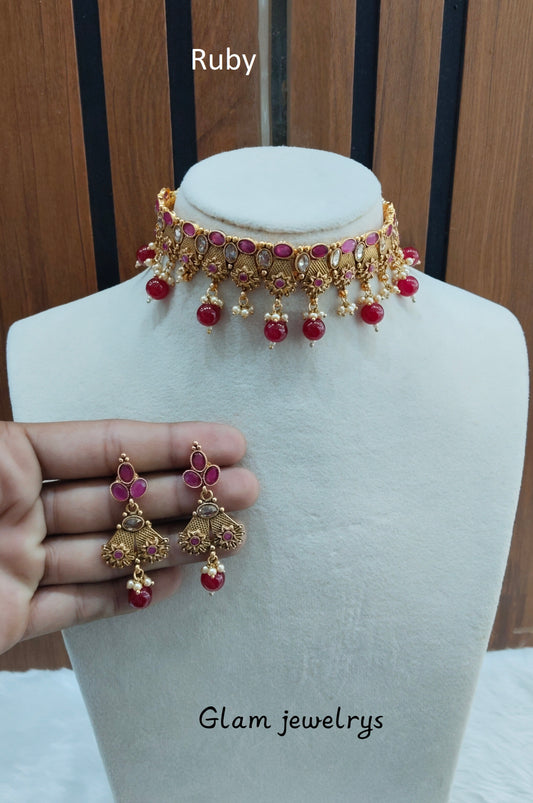 Ruby Gold Polki Choker Indian Jewellery Bobo Set