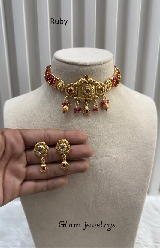 Ruby Gold Polki Choker Indian Jewellery Bobo Set