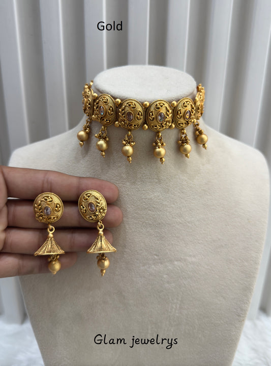 Gold Polki Jhumki Choker Indian Jewellery Bobo Set
