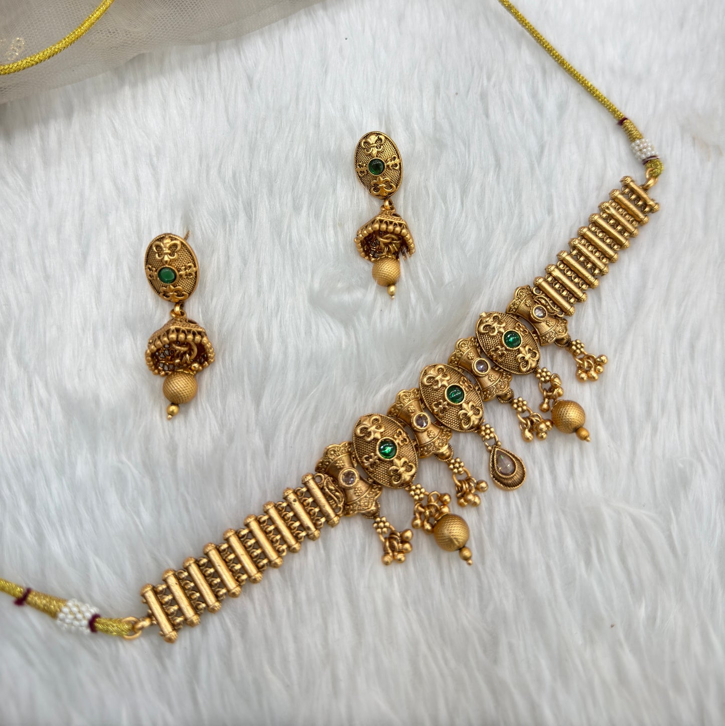 Green Gold Polki Choker Jhumki Indian Jewellery Bobo Set