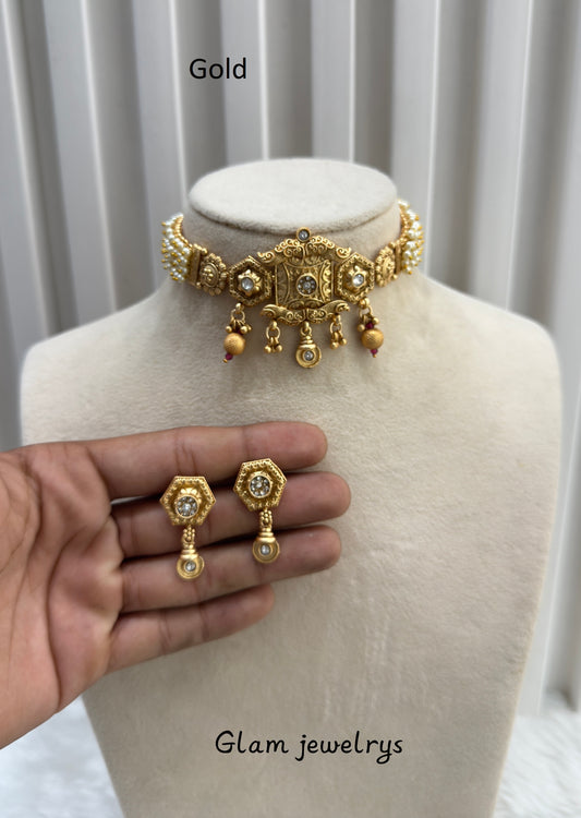 Gold Polki Choker Indian Jewellery Bobo Set