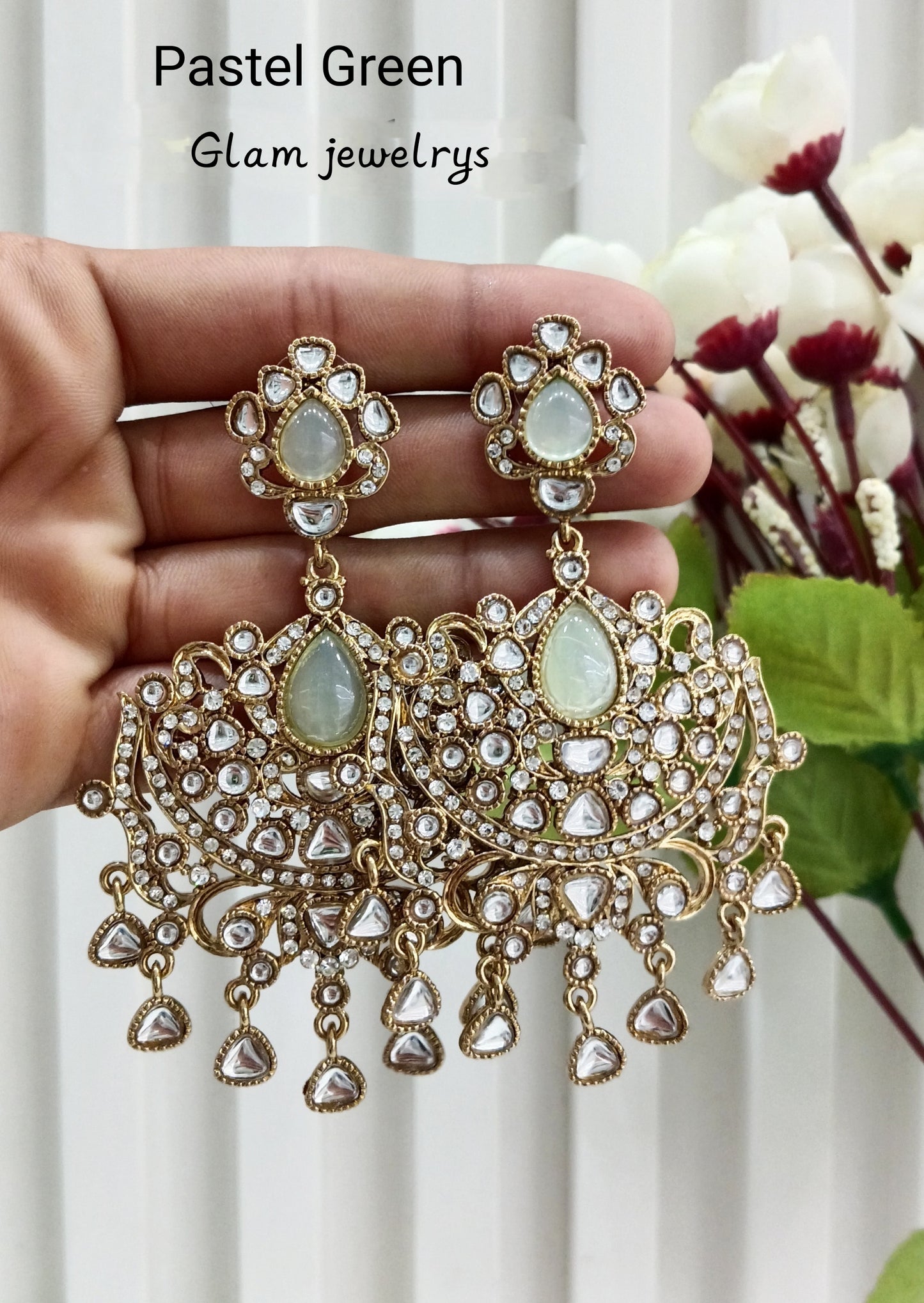 Pastel Green Antique Gold Indian Bollywood Yadav Earrings