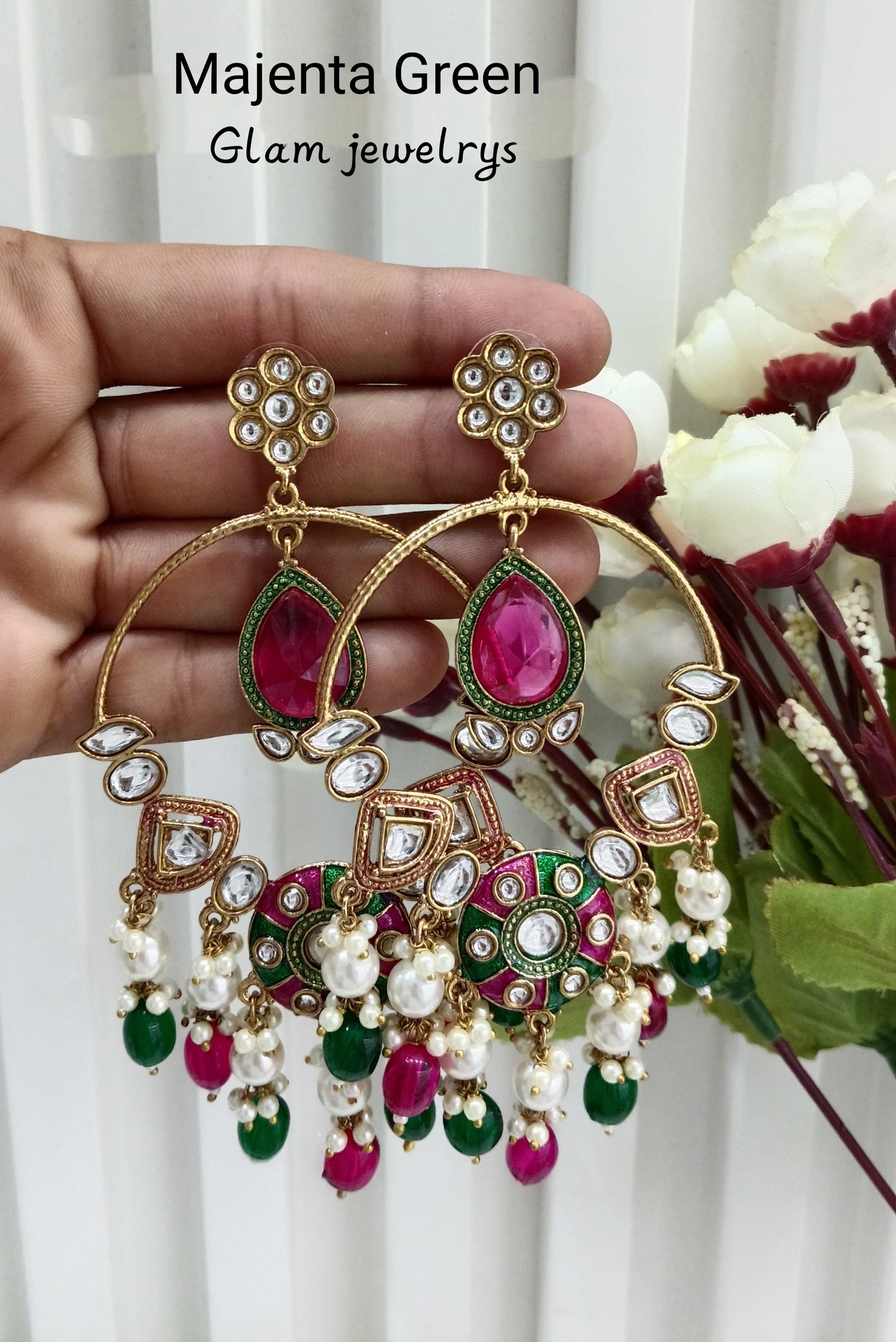 Majenta Green Kundan Indian Bollywood Pargat Earrings