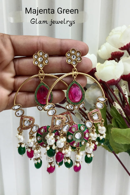 Majenta Green Kundan Indian Bollywood Pargat Earrings