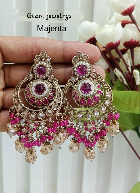 Dark Pink Kundan Chandbali Indian Bollywood Dvinder Earrings