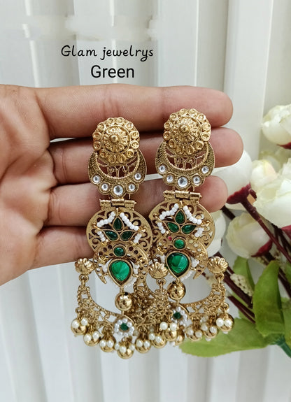 Green Kundan Chandbali Indian Bollywood Shon Earrings