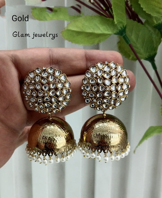 White Gold Kundan Jhumki Indian Bollywood Shon Earrings