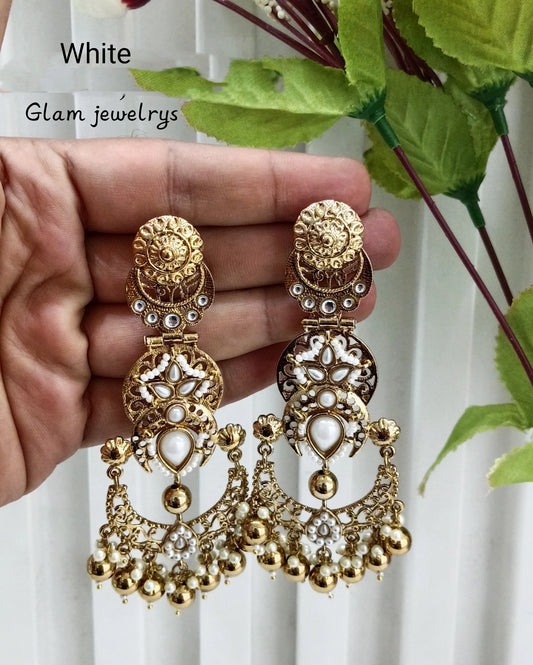 White Kundan Chandbali Indian Bollywood Shon Earrings