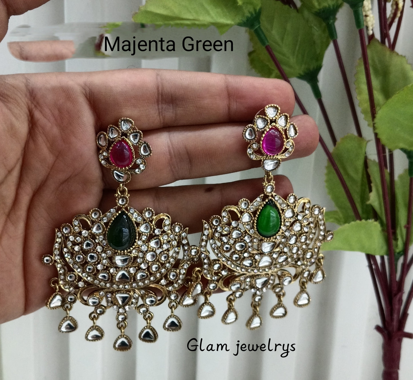Majenta Green Antique Gold Indian Bollywood Yadav Earrings