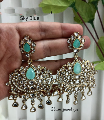 Sky Blue Antique Gold Indian Bollywood Yadav Earrings