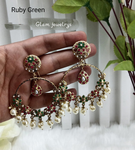 Ruby Green Gold Kundan Indian Bollywood Pargat Earrings