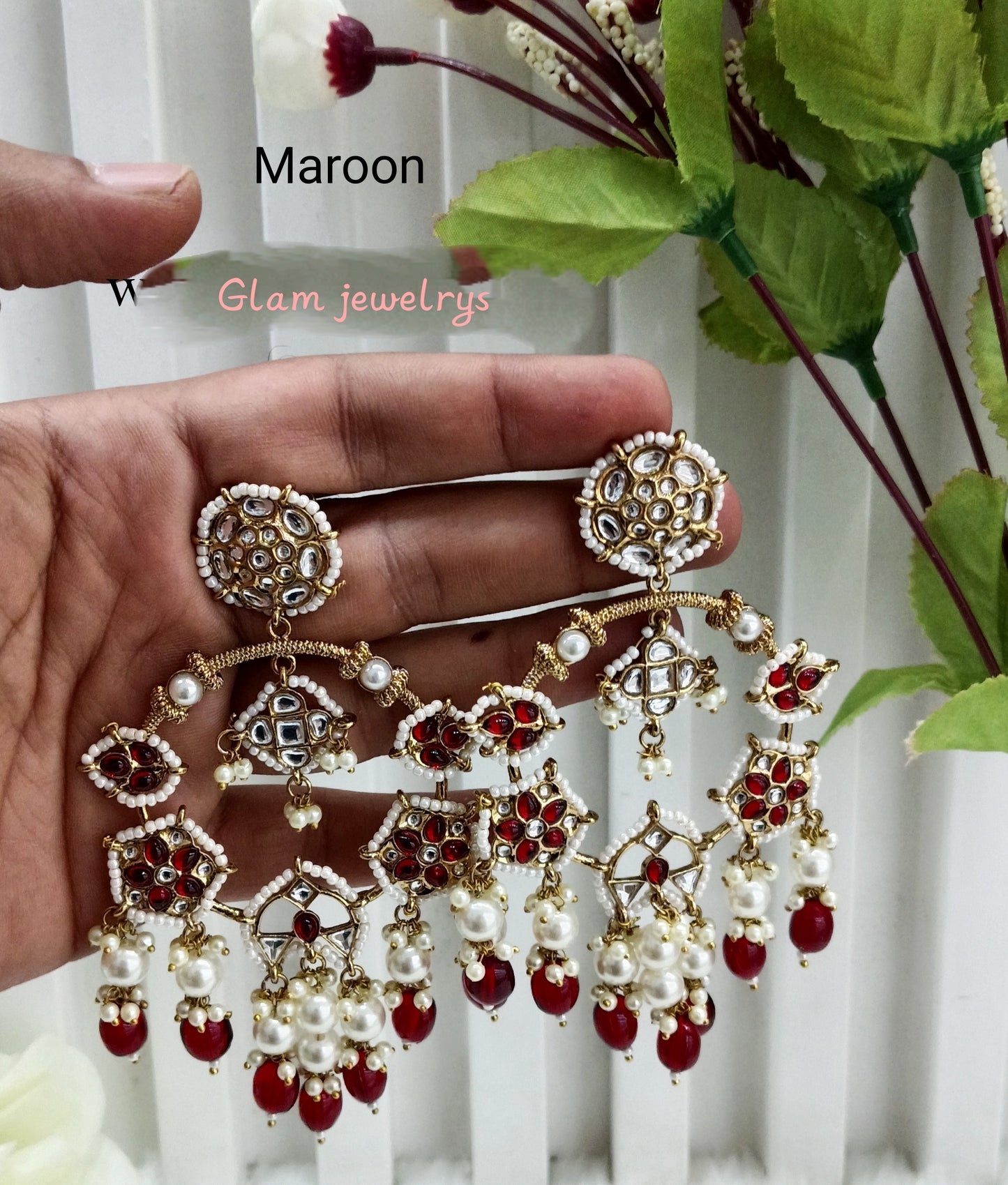 Maroon Kundan Bollywood Indian Pargat Earrings