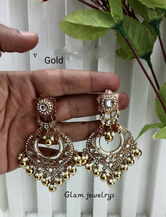 Gold Kundan Chandbali Indian Bollywood Pargat Earrings