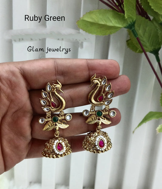 Ruby Green Gold Jhumki Indian Bollywood Sukh Earrings