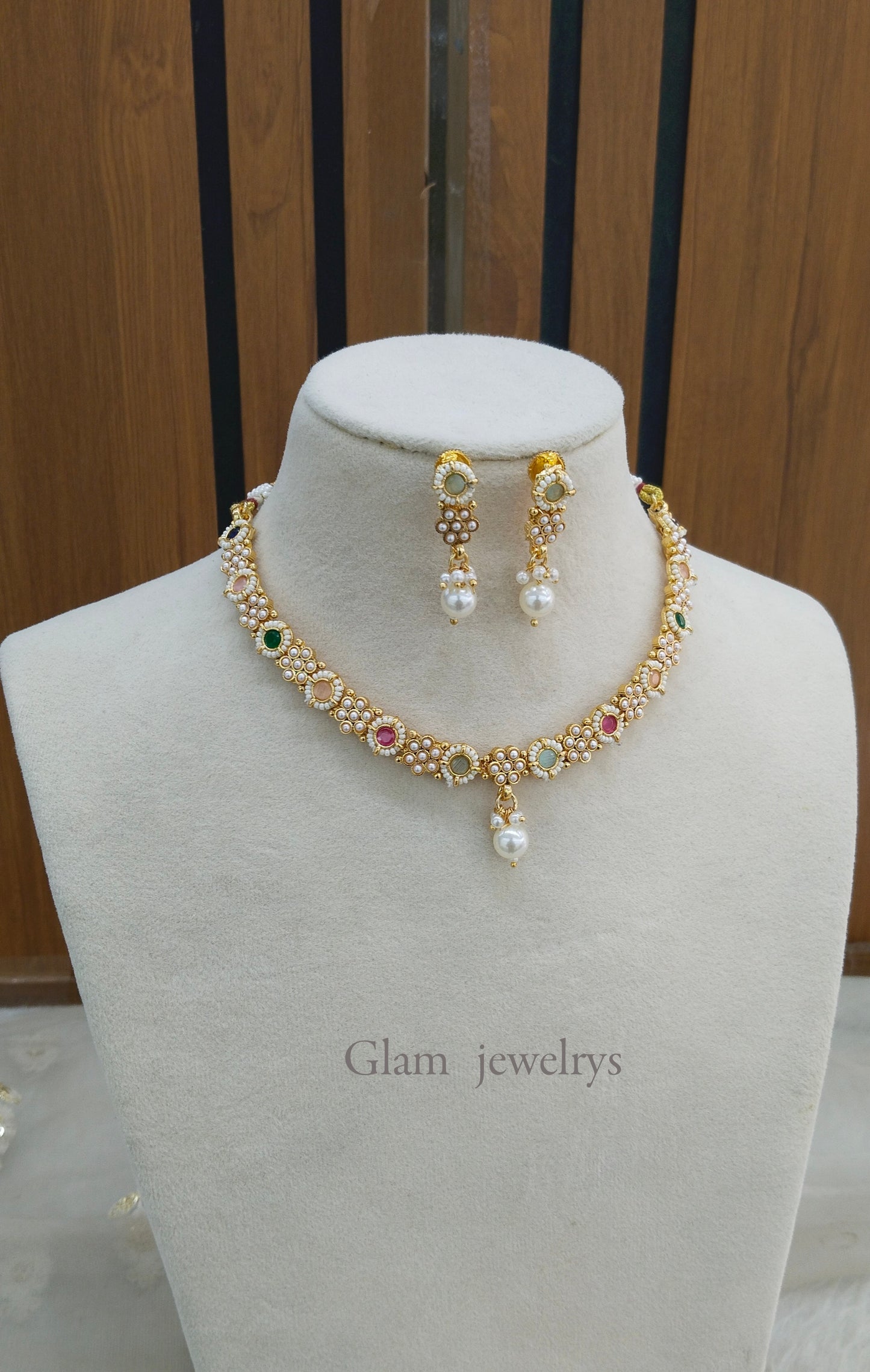 Multi Color Gold Polki Necklace Indian Jewellery Gandhi Set