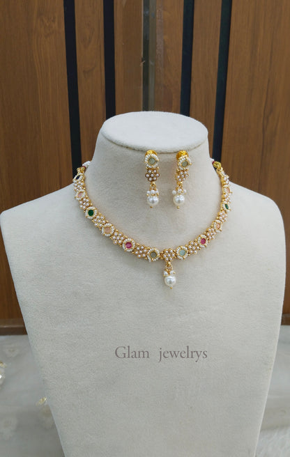 Multi Color Gold Polki Necklace Indian Jewellery Gandhi Set