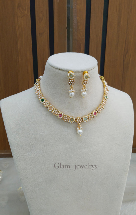 Multi Color Gold Polki Necklace Indian Jewellery Gandhi Set