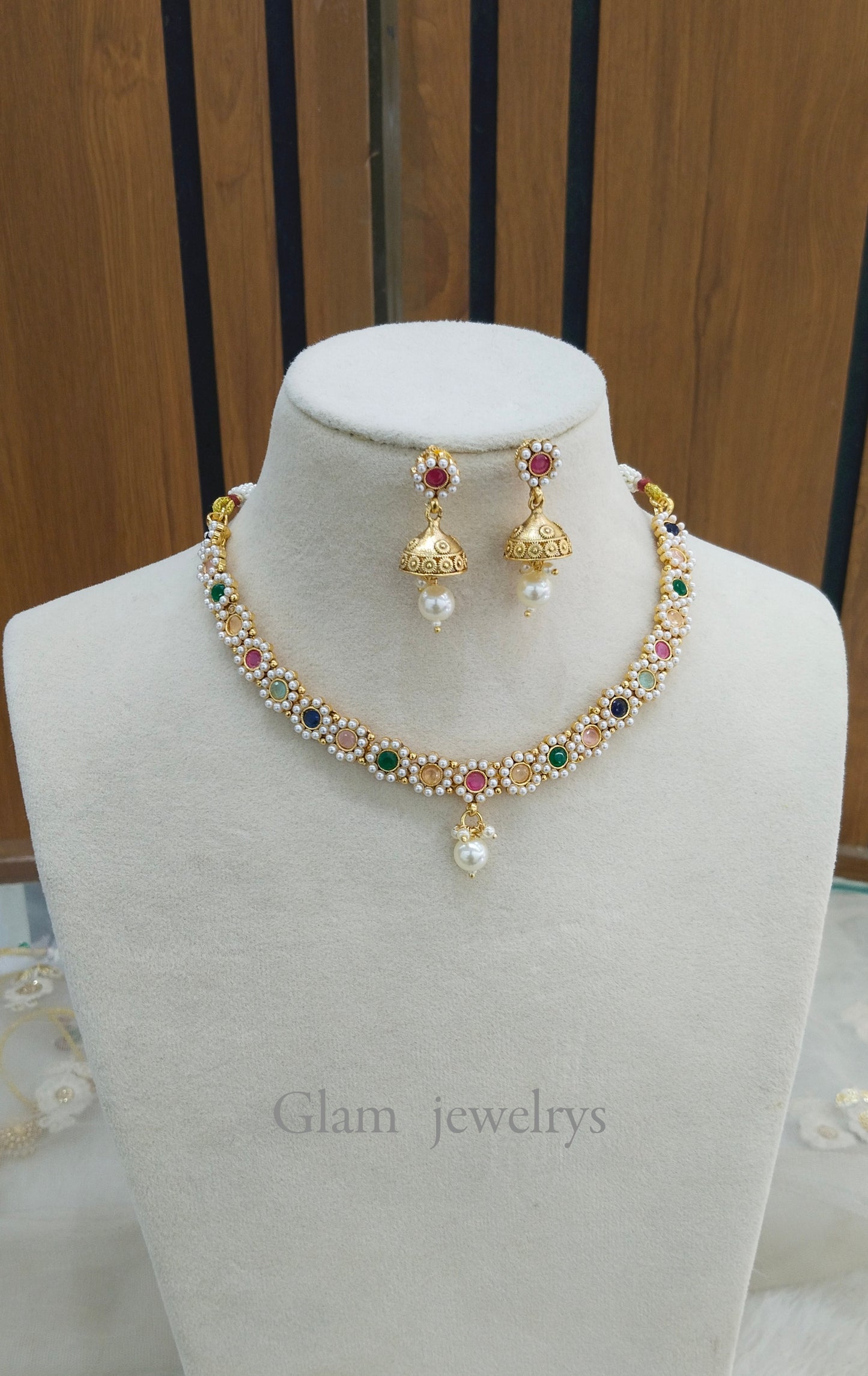 Multi Color Gold Polki Necklace Indian Jewellery Gandhi Set