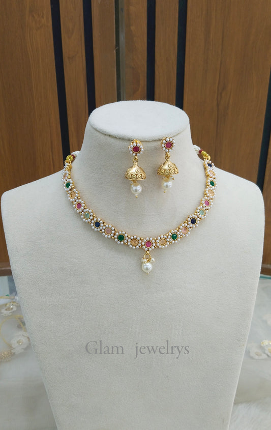 Multi Color Gold Polki Necklace Indian Jewellery Gandhi Set