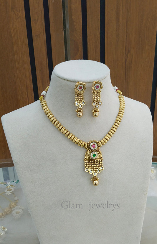 Ruby Green Gold Polki Necklace Indian Jewellery Gandhi Set
