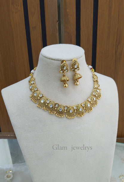 Gold Polki Necklace Indian Jewellery Gandhi Set