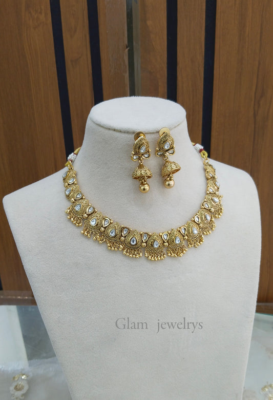Gold Polki Necklace Indian Jewellery Gandhi Set