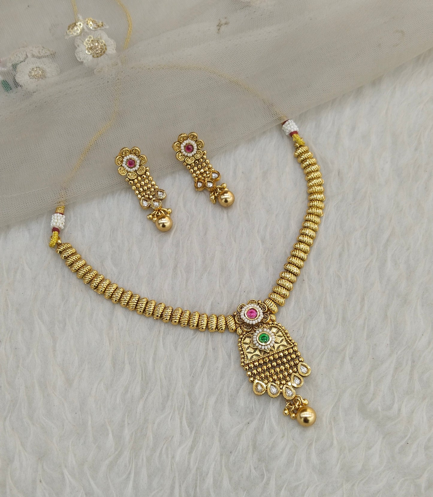 Ruby Green Gold Polki Necklace Indian Jewellery Gandhi Set